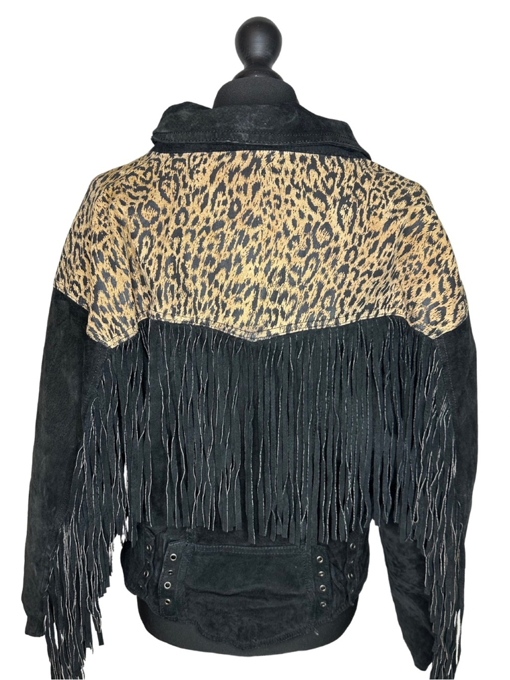 Chia Black & Leopard Print Fringed Suede Leather Jacket Size Small - Picture 2 of 9